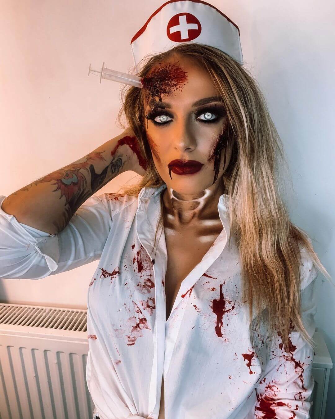 A scary zombie nurse with a bloody twist served Halloween right this year!