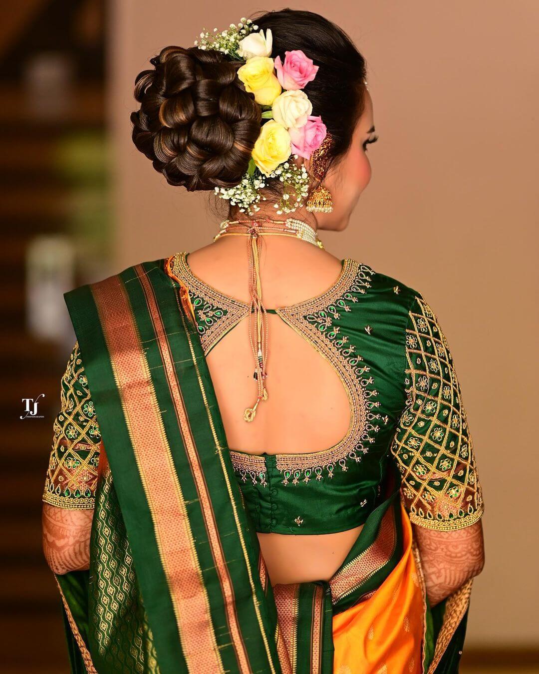 Marathi Bridal Blouse Designs Green squared floral pattern bridal blouse design 