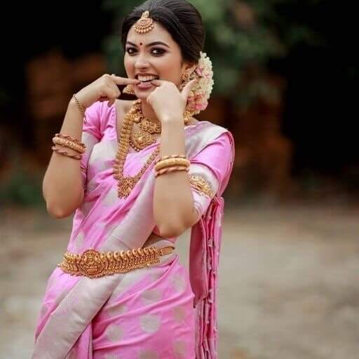 South Indian Wedding Saree for Traditional Bride Litchi silk wedding saree in pink