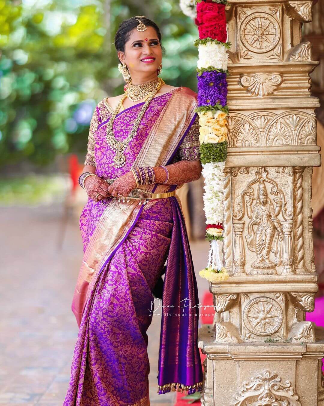 South Indian Wedding Saree for Traditional Bride Violet with gold magic in the saree