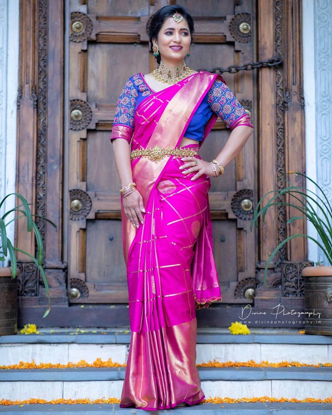 South Indian saree for weddings in pink and blue