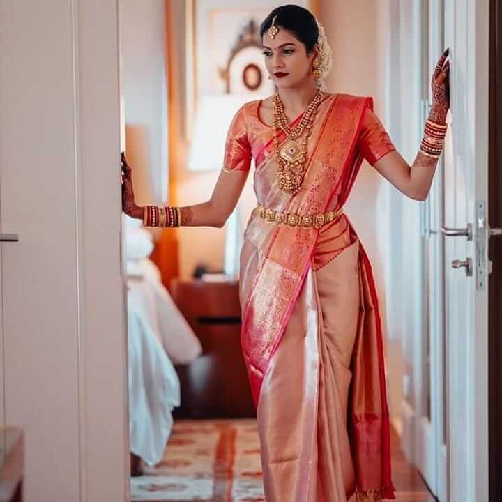 Kanjivaram silk wedding saree in dual colours