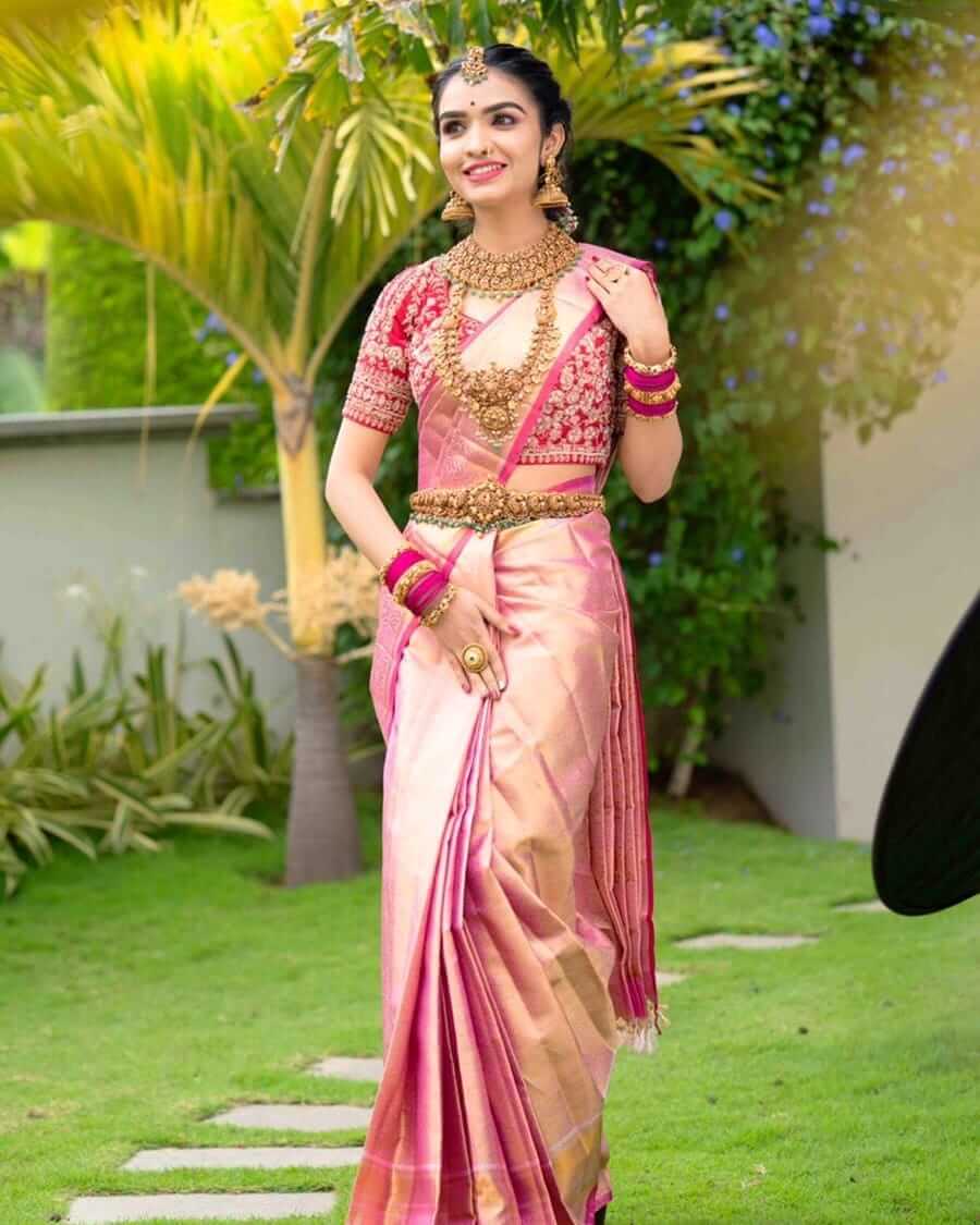 South Indian Wedding Saree for Traditional Bride Kanjivaram silk wedding saree for bride in pink shades
