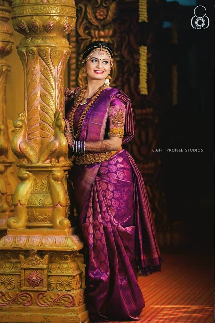 South Indian wedding saree in pure violet