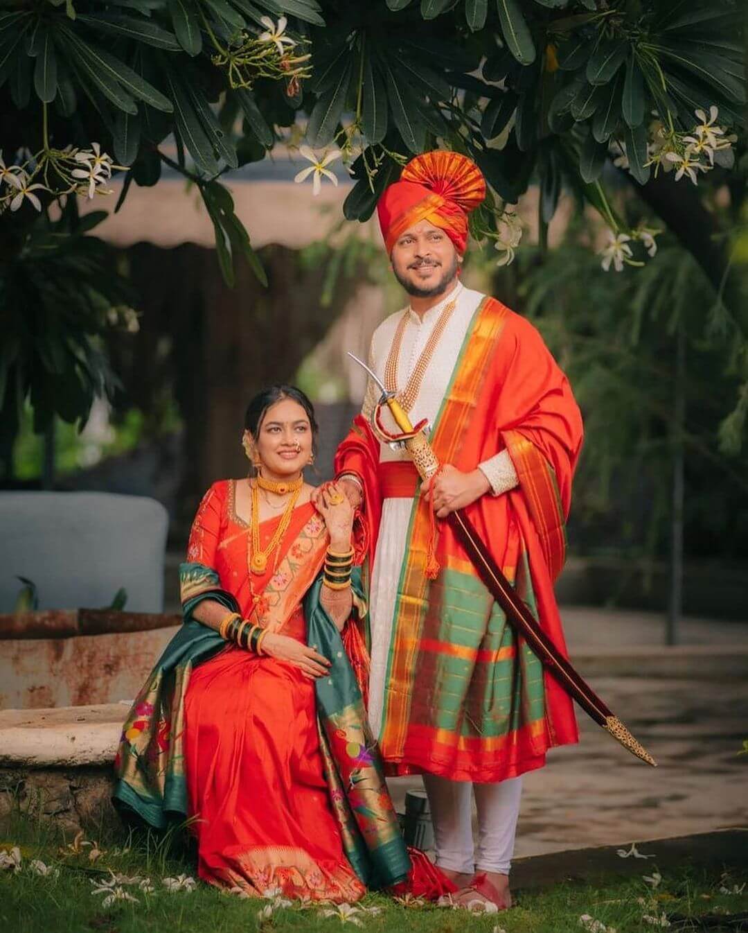 Orange, Green and White Nauvari Wedding Dress