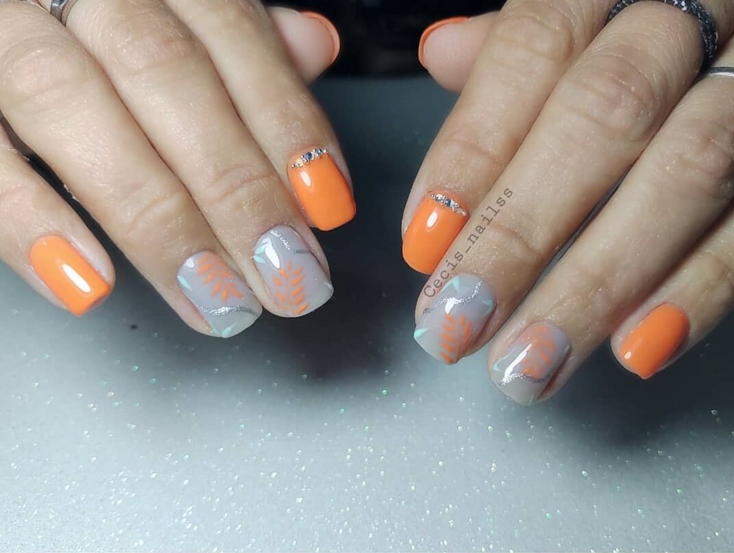 Orange Nail Art Designs Orange and Silver Combination with Stones