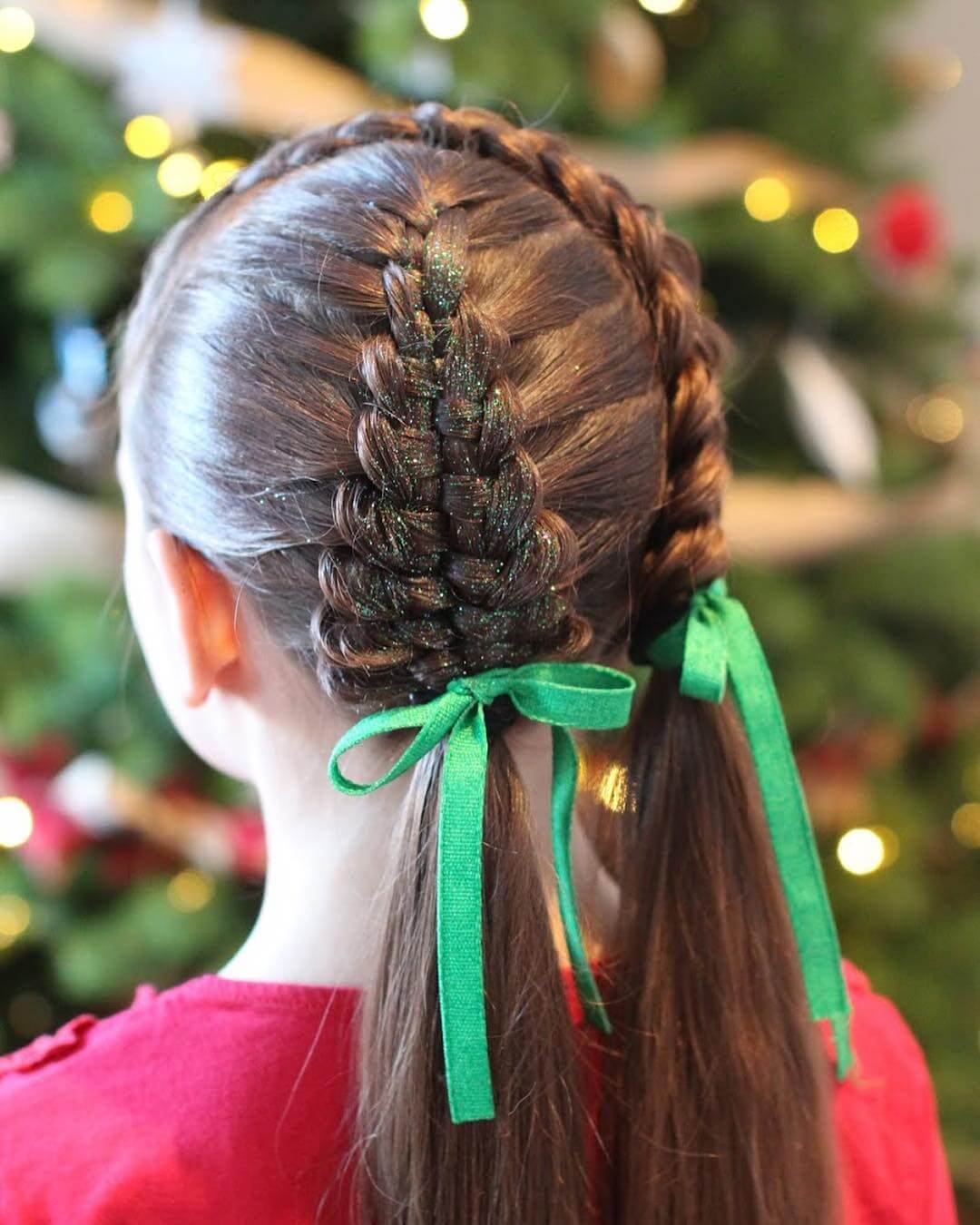 Christmas Hairstyles For Children Glitter Green Christmas And Dutch Braid With Ribbons