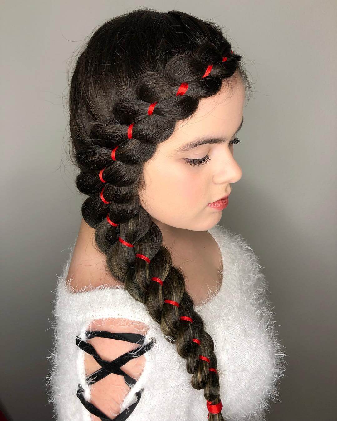 Christmas Hairstyles For Girls Red ribbon side braid