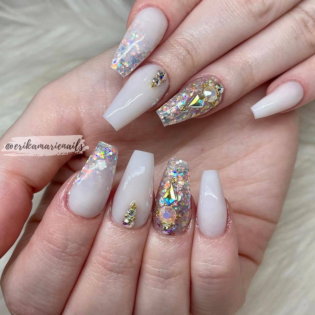 Crystal Nail Art Designs Satin white colour with touch up of crystal