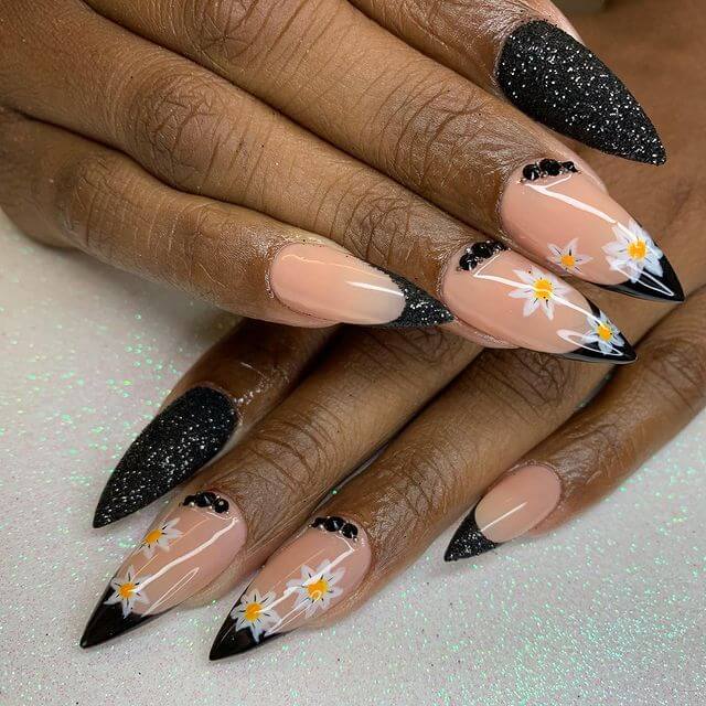 Beige Stone Studded Nail Art with Daisies