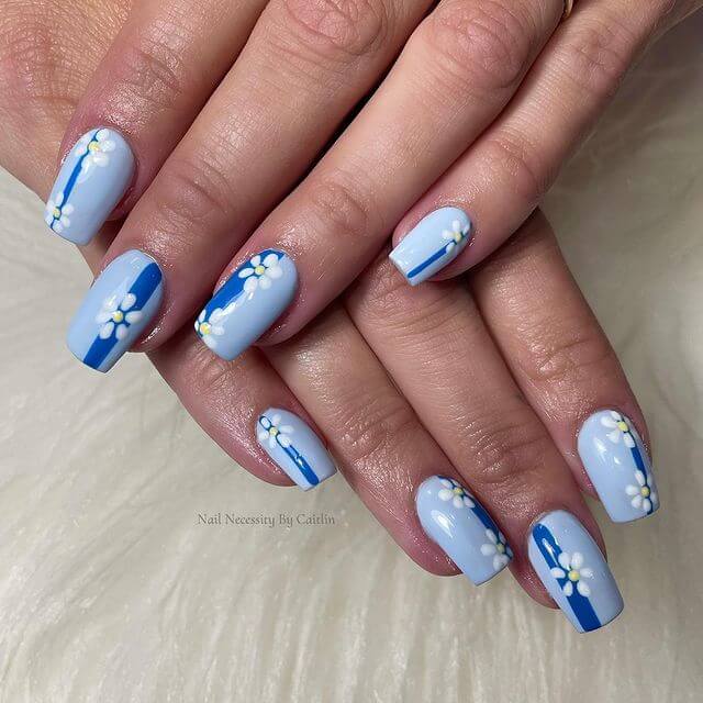 Acrylic Blue Themed Flower Nail Art