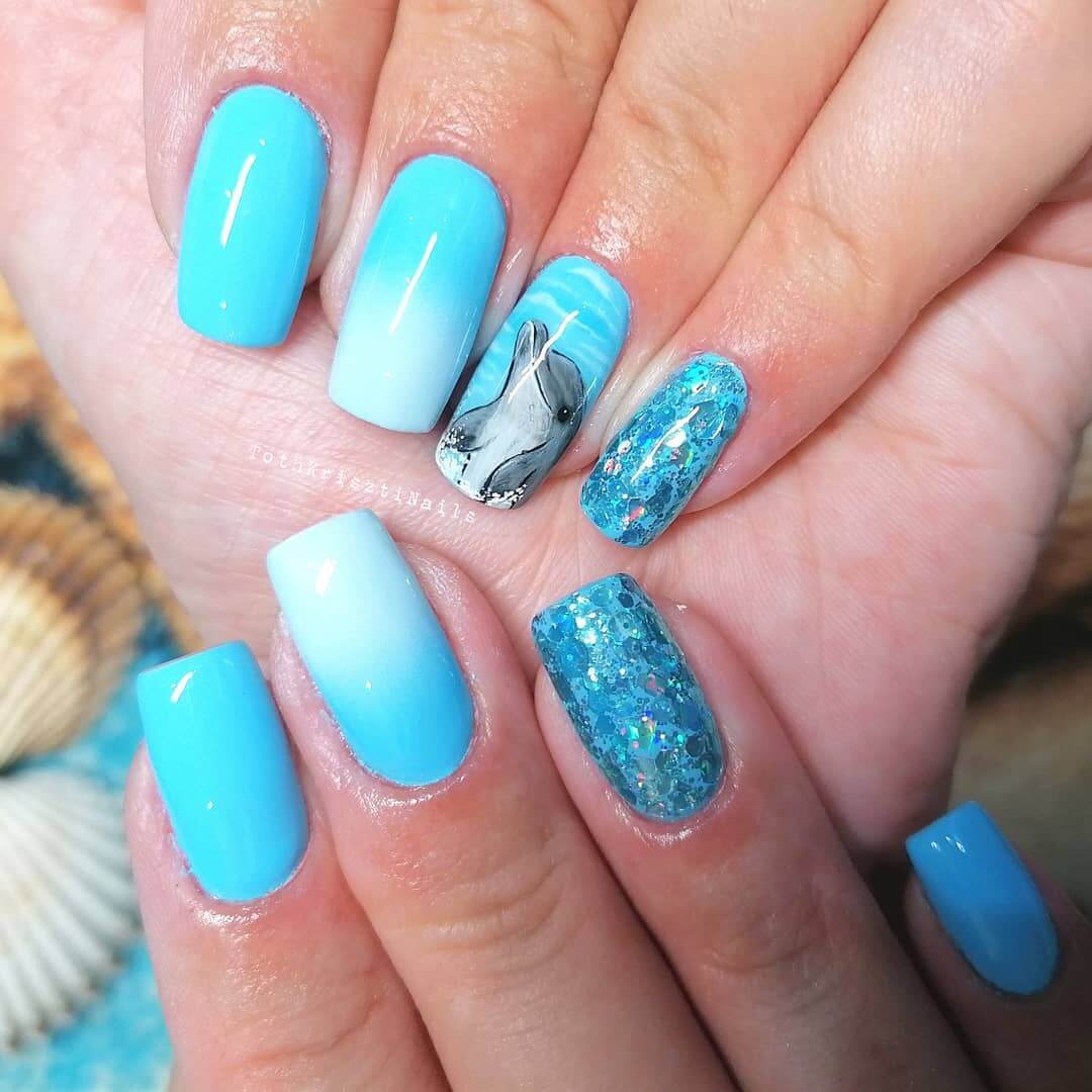 Cute Blue Dolphin Nails - Glitter Nail Art