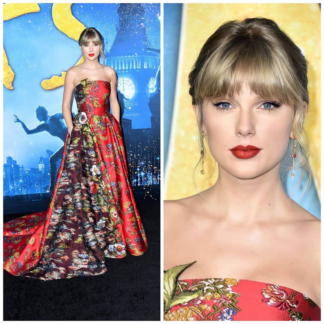 Taylor Swift In A Crimson Gown With Flowers All Over