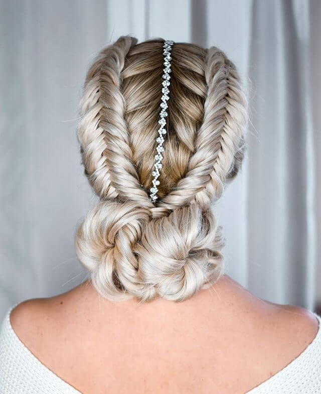 Fishtail Hairstyle Ideas Jewelled fishtail braided buns hairstyle