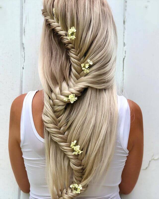 White flower theme wavy fishtail hairstyle