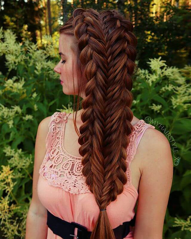 Two thick side fishtail braids haistyle