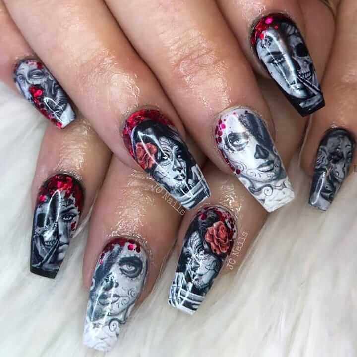 Scary faces can brighten up the look of nails!