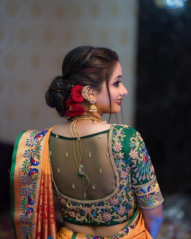 Marathi Bridal Blouse Designs Floral green net bridal blouse design