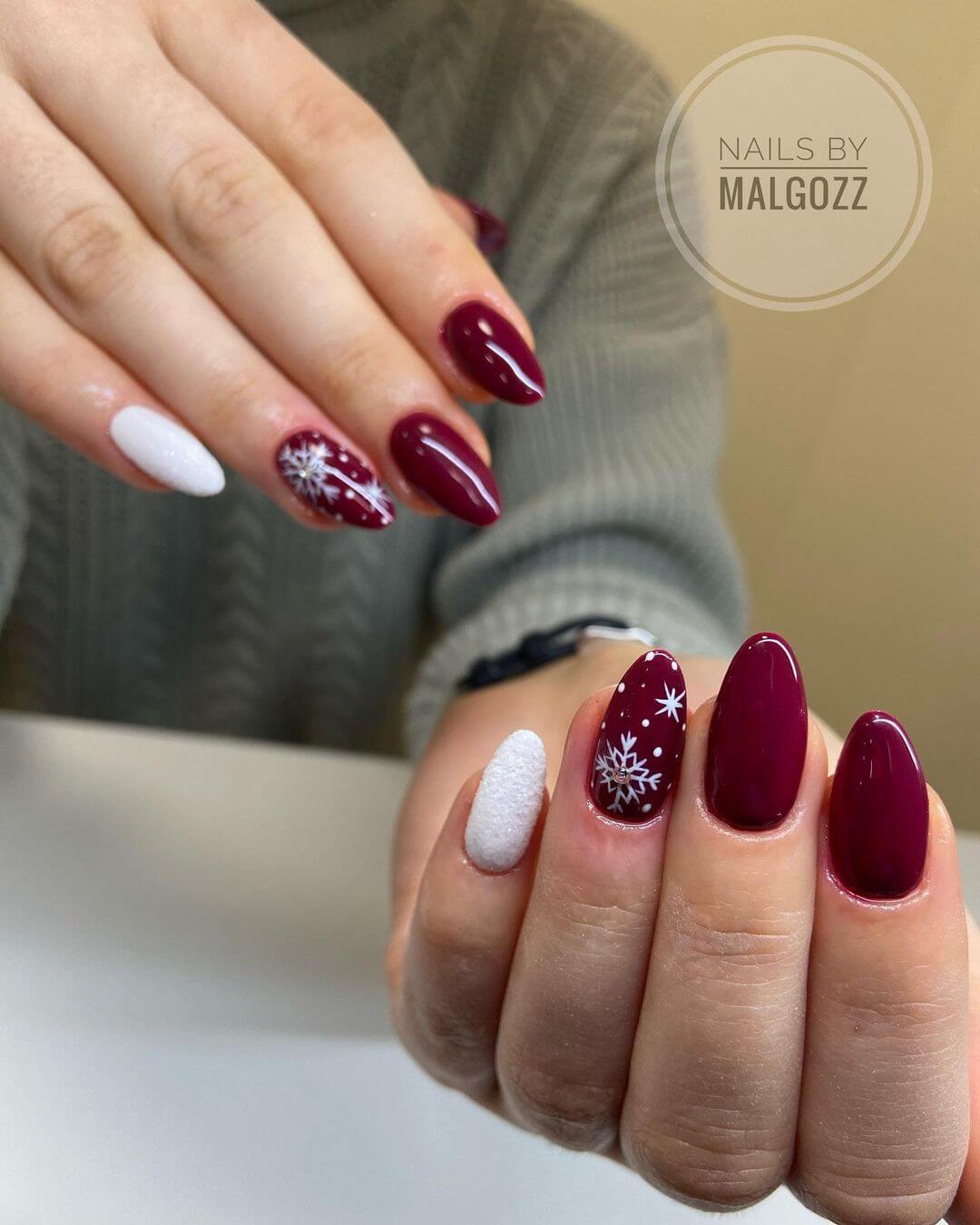 Maroon Nail Art Designs Winter snowflakes theme nail art design