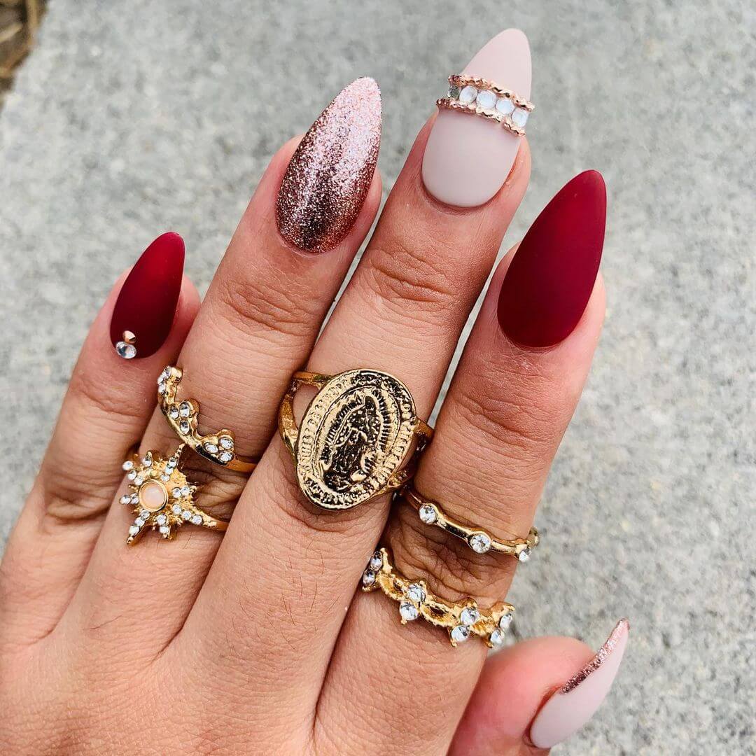 Rose gold theme maroon nail art design