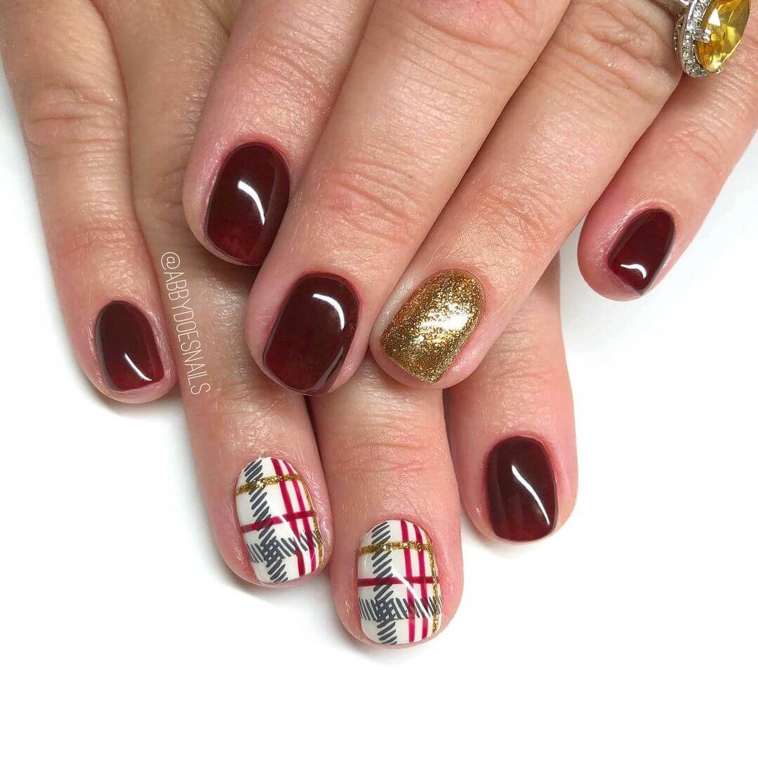Maroon Nail Art Designs Checkered and glittered maroon nail art design