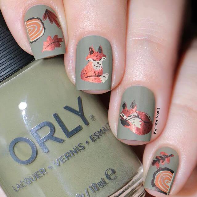 Olive Green Nail Art Designs Olive Green Nail Art with Cute Fox