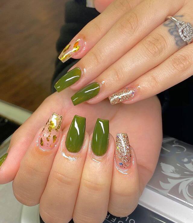 Golden and Olive Green Nail Art