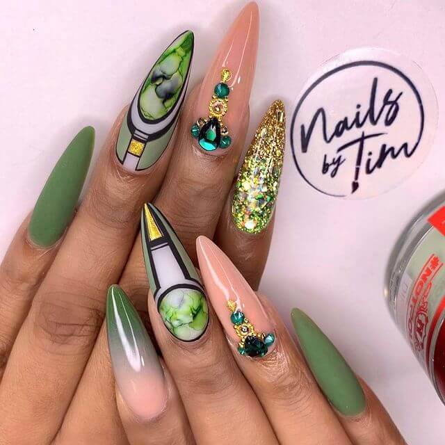 Unique Olive Green and Pink Nail Art