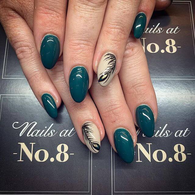 Peacock Feathers in Green and Black Nail Art Design