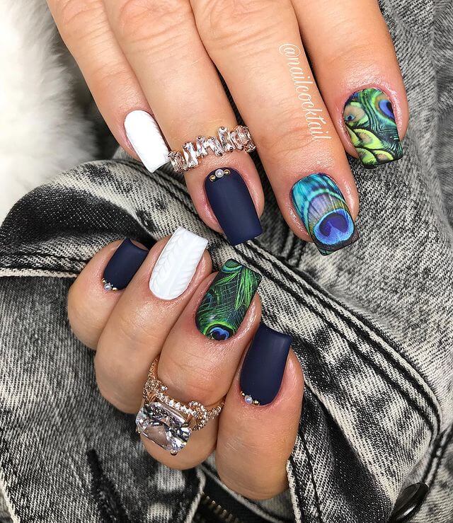 Peacock Feather Inspired in Black and White Nail Art Design
