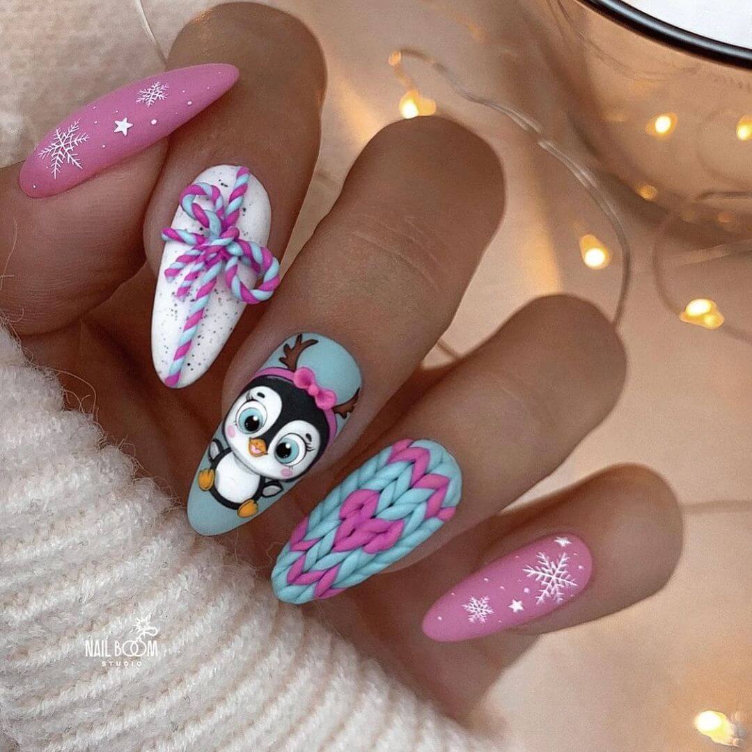 Penguin Nail Art Winter Theme Penguin in Pink and Blue Nail Art Design