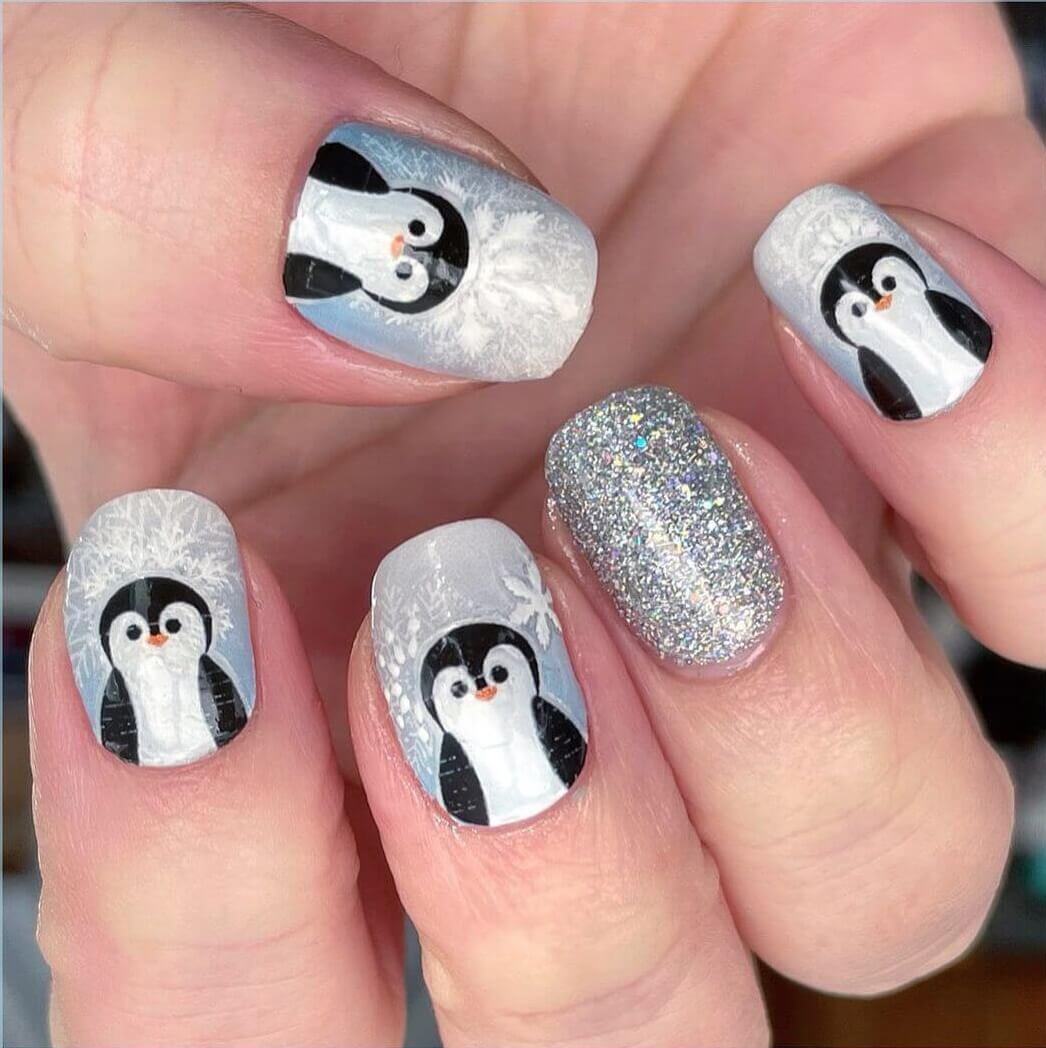 Grey-white Penguin Nail Art Design