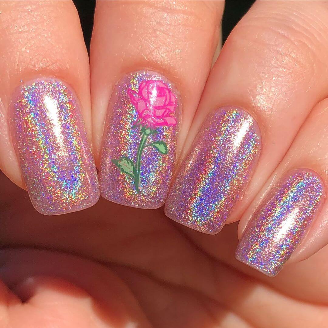 Rose Nail Art Designs Chrome nails with pink leafy rose