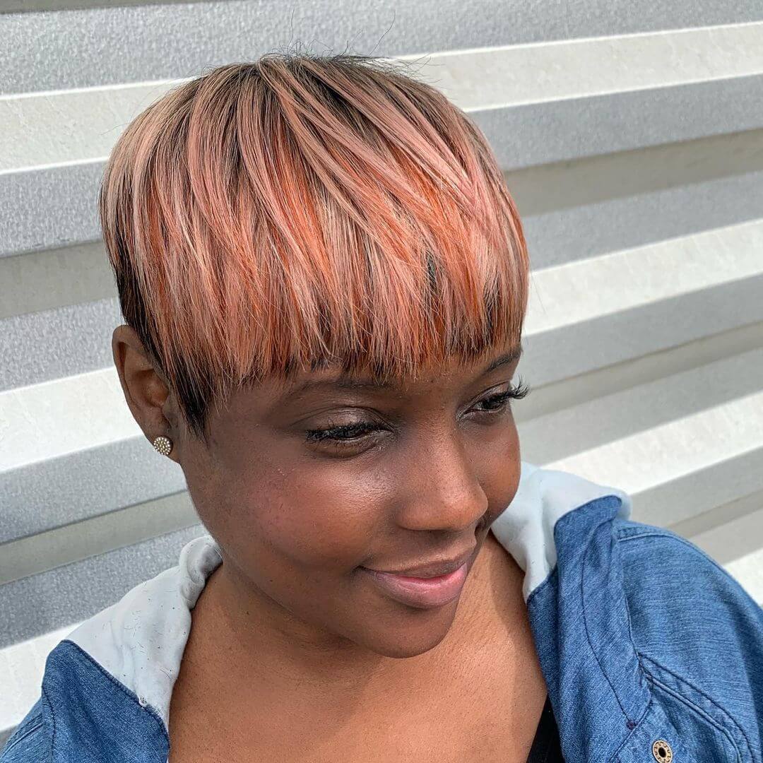 Short Hairstyles for Black Women Colored Swoops And Side Bangs Pixie
