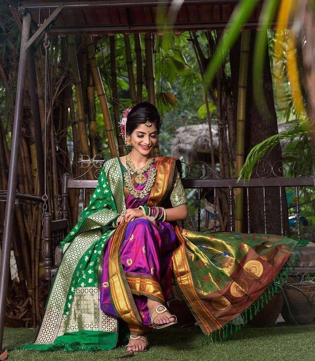 Purple Nauvari Bridal Saree with Green Blouse