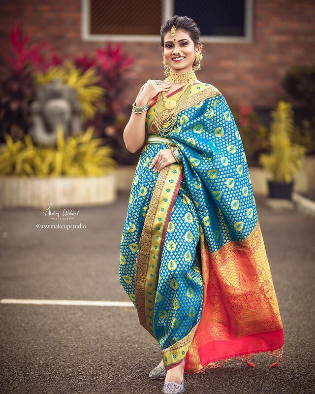 The Best of Marathi Bridal Nauvari Sarees Blue Nauvari Saree with Leaf Motifs