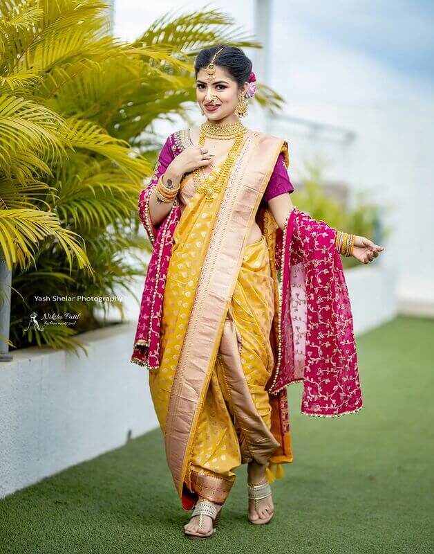 Yellow and Purple Nauvari Saree