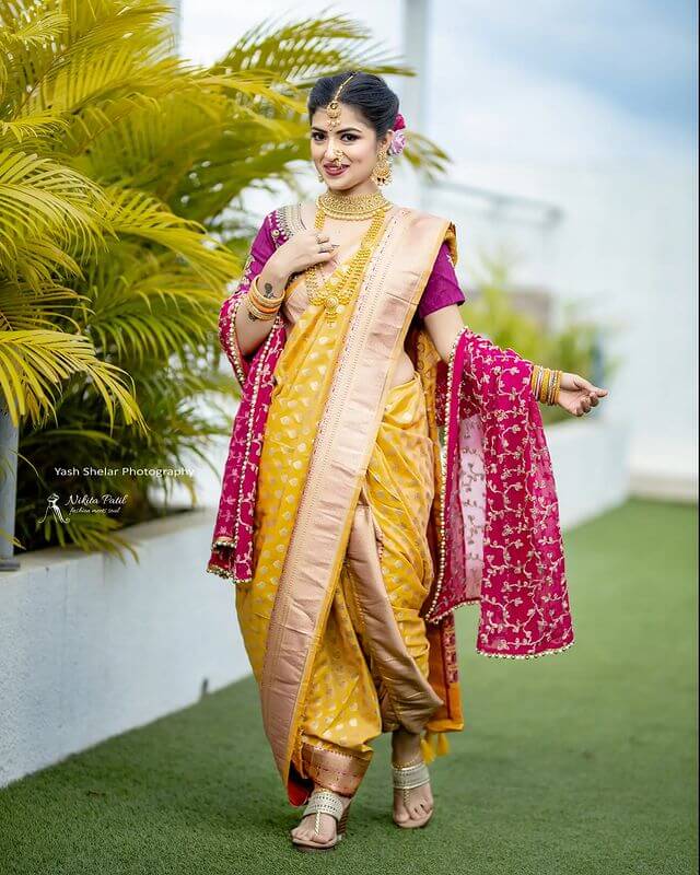 The Best of Marathi Bridal Nauvari Sarees Yellow and Purple Nauvari Saree