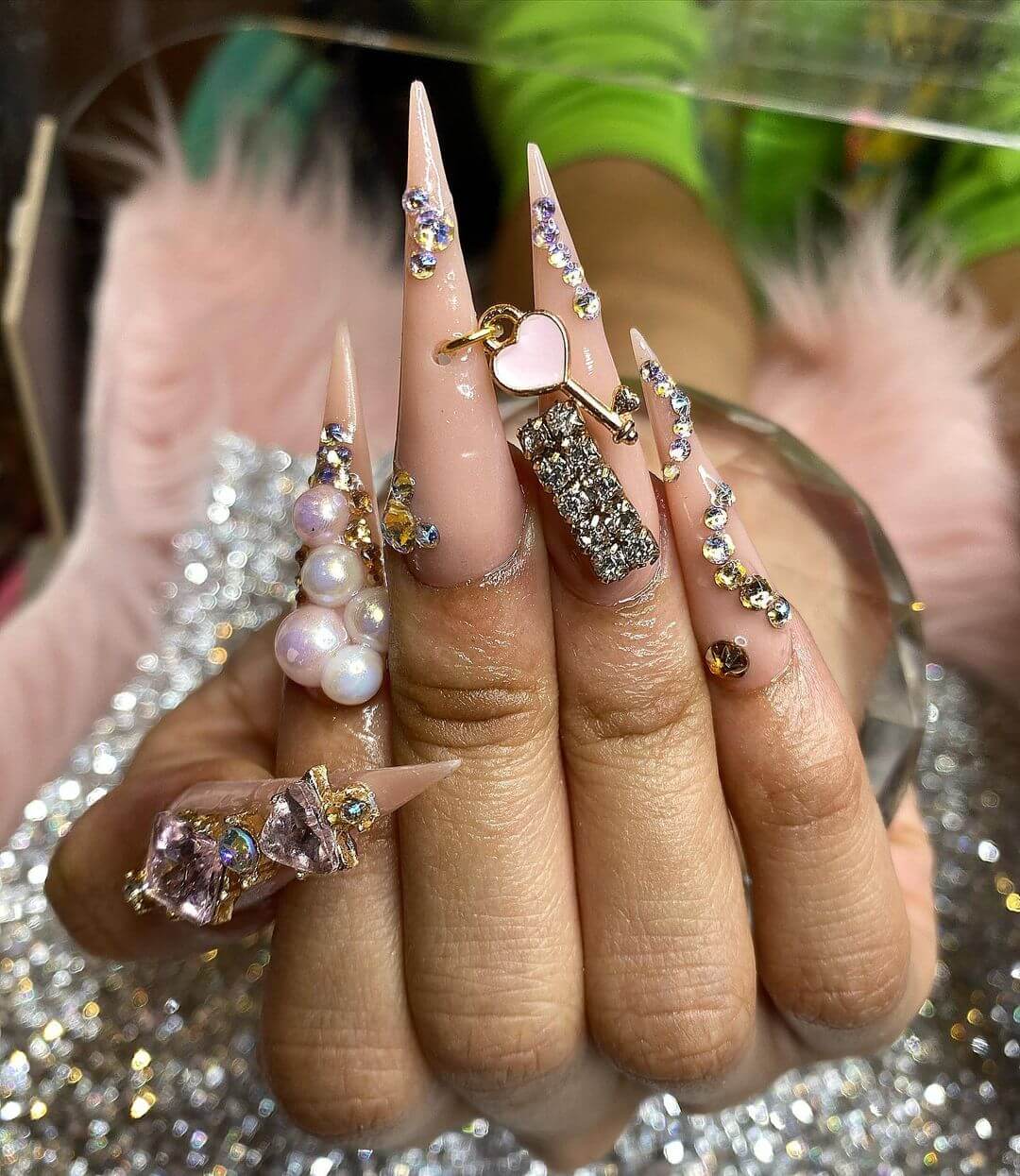 Peach 3D Nail Art Design with Pearls and Stones