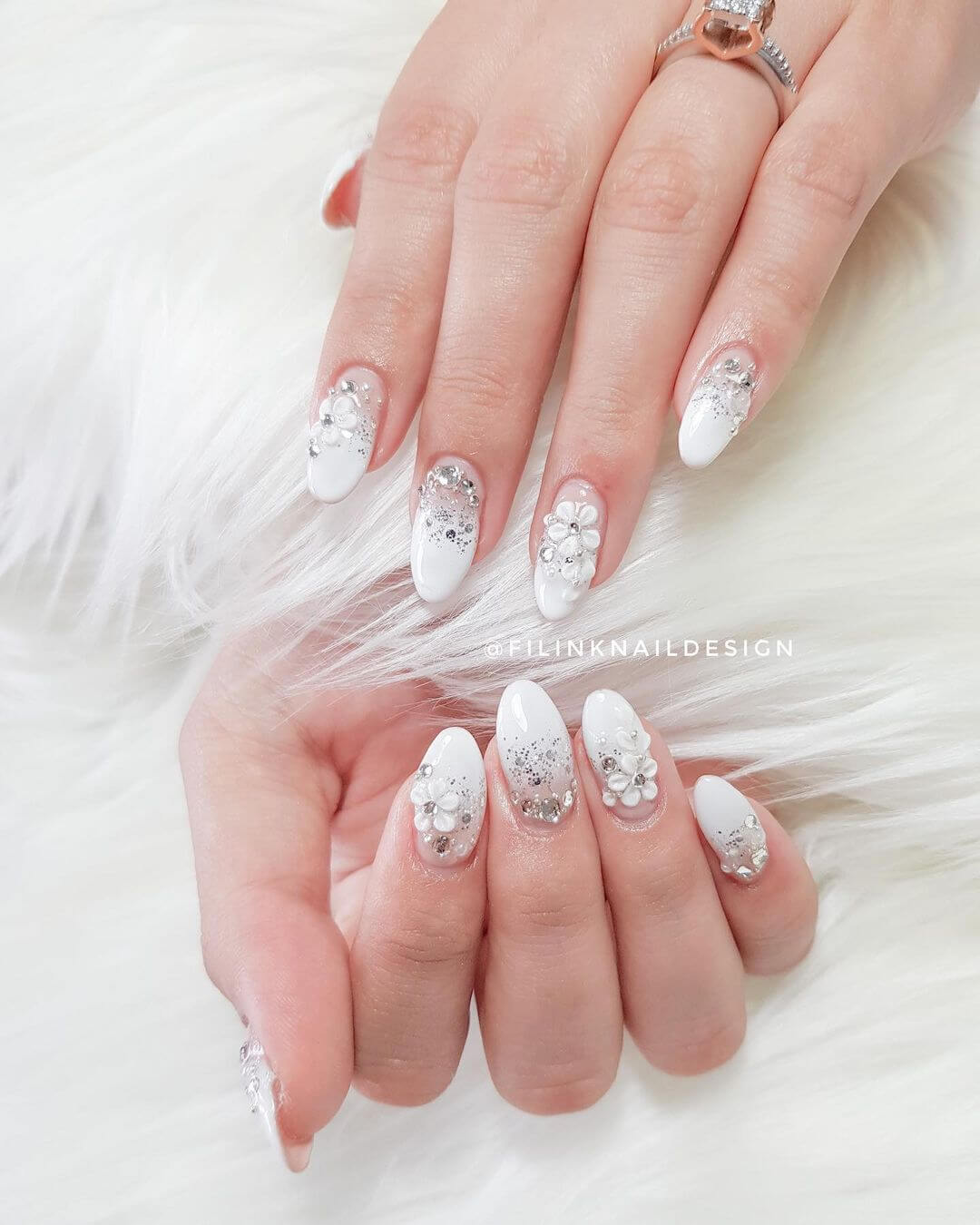 White and Silver Floral 3D Nail Art 3D Nail Art Designs