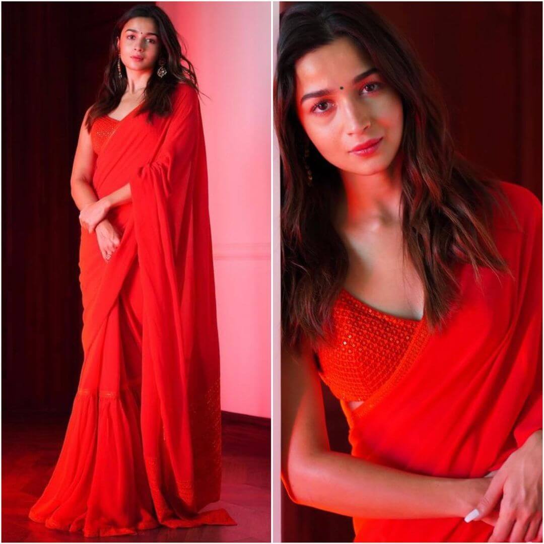 Alia Bhatt’s RRR Movie Promotional Wardrobe Subtle Red Sabyasachi Saree
