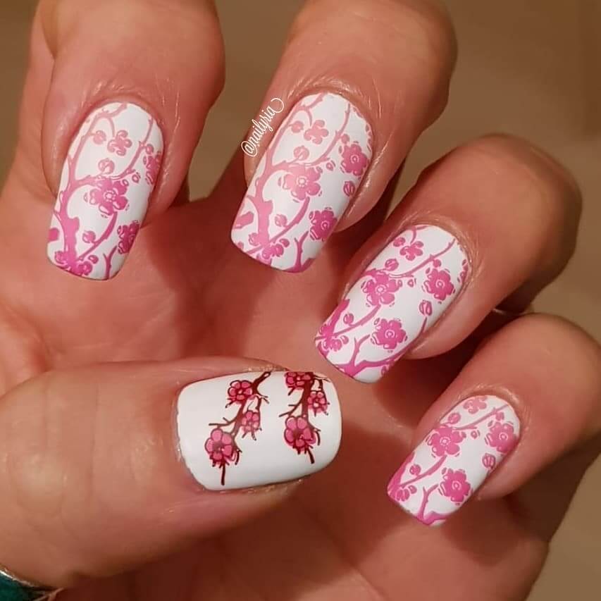 White Nail Art with Pink Cherry Blossom Beautiful Cherry Blossom Nail Art Designs