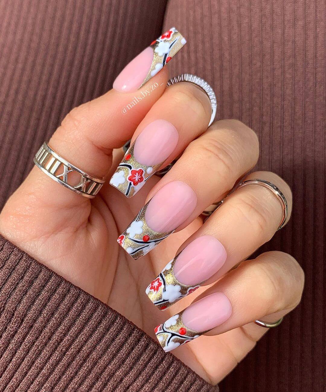 Pink Nail Art with Cherry Blossom French Tips