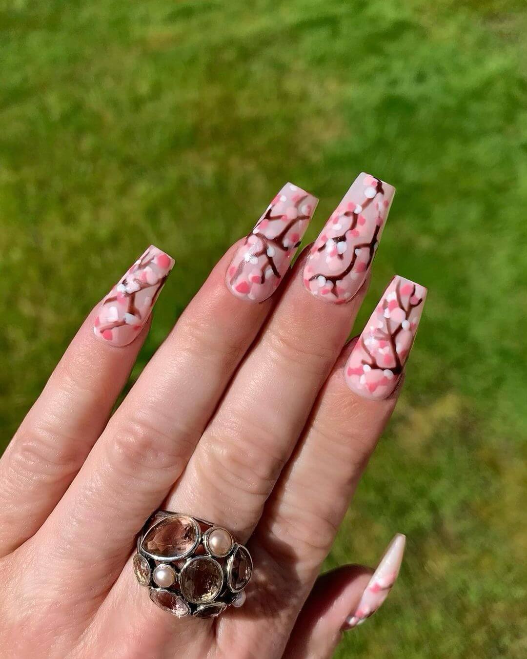 Pink Nail Art Design with Cherry Blossom