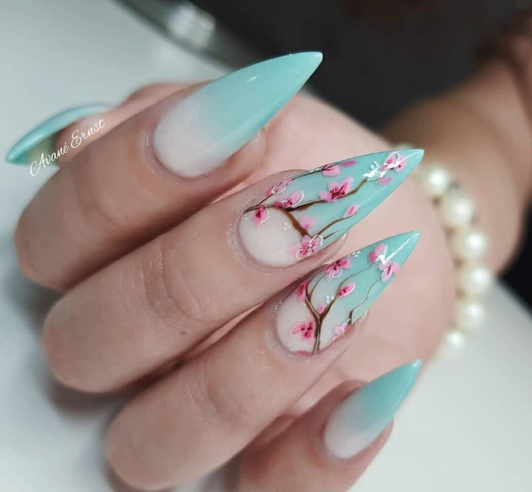 Gradient Blue Nail Art with Cherry Blossoms
