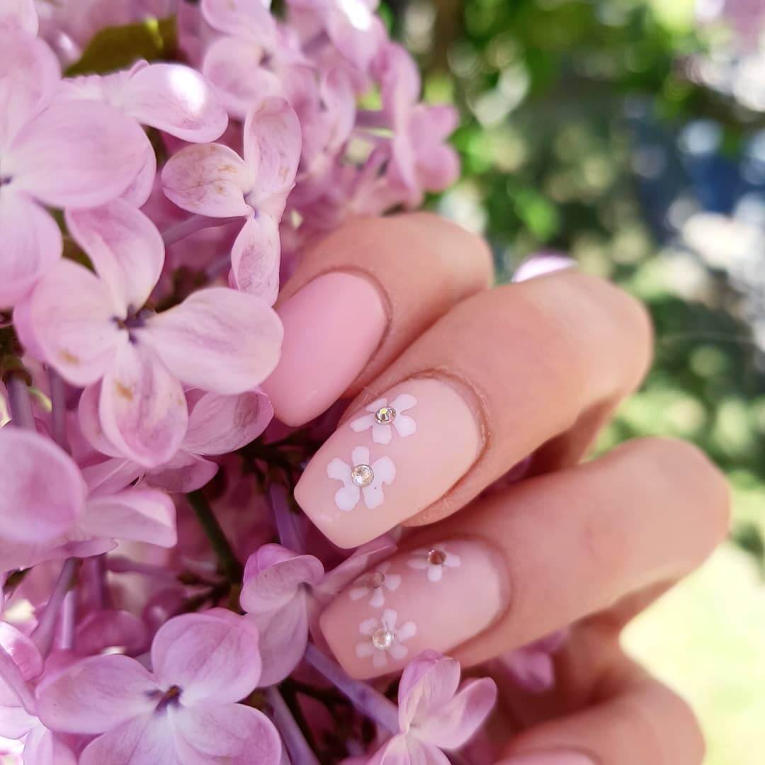 Light Pink Cherry Blossom Nail Art with Stones Beautiful Cherry Blossom Nail Art Designs