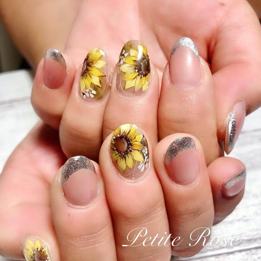 Glittery Sunflower Nail Art Design