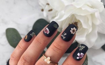 Unique Black Floral Matte Nail Art