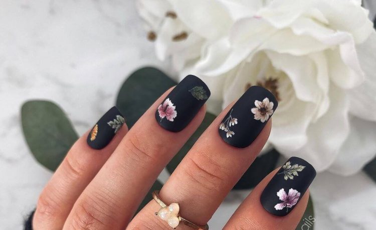 Unique Black Floral Matte Nail Art