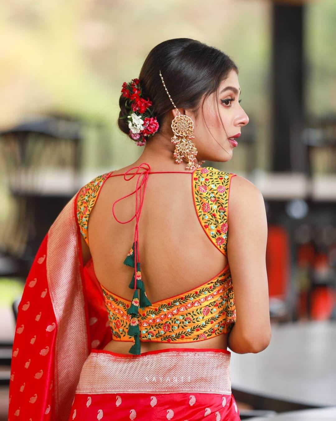 Sleeveless Floral Blouse Design with Dori Latest Saree Blouse Back Designs 